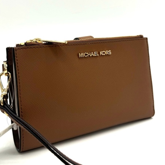 Michael Kors Large Double Zip Wallet Wristlet Luggage Brown - Picture 1 of 9